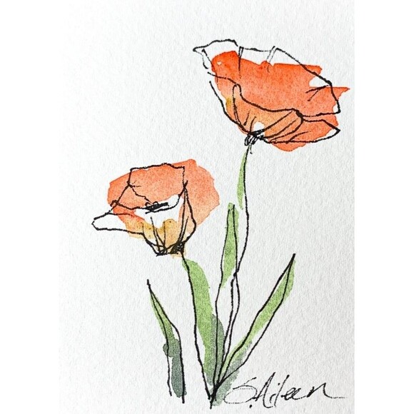 Other - ACEO Painting Watercolor Ink Poppy Flower Red Yellow Botanical IV Signed
